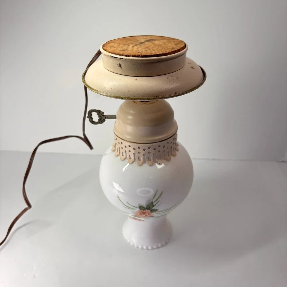 Milk Glass Hand Painted Floral Hurricane Vanity Table Lamp Trinket Tray VTG